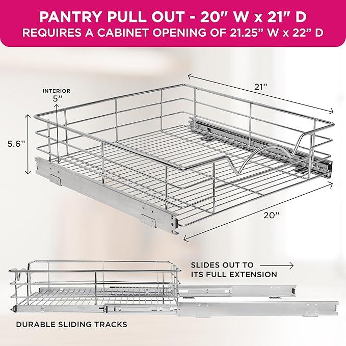 HOLDN’ STORAGE Heavy-Duty Premium Collection Pull Out Cabinet Organizer, Cabinet Drawer Slide Outs, Lifetime Limited Warranty - Basket Size 20" W x 21" D x 5" H, Anti-Rust Chrome Finish - ModernBath