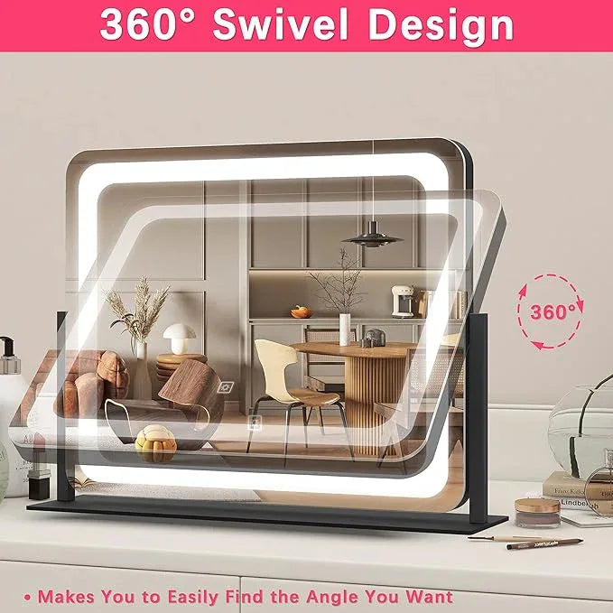 ROLOVE 22x17 Inch Lighted Vanity Mirror with Dimmable LED Lights - 3 Color Modes, Smart Touch Control & 360° Rotating Base - Desk Makeup Mirror (Black) - ModernBath