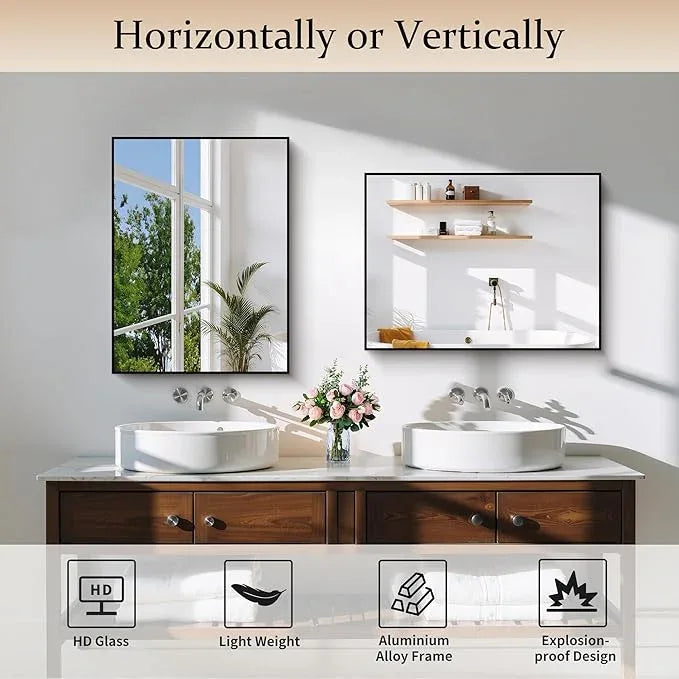COFENY Black Bathroom Mirror for Wall, 18x24 Inch Rectangle Mirror with Metal Frame, Modern Vanity Mirrors for Bathroom Living Room, Entryway Hangs Horizontal or Vertical - ModernBath