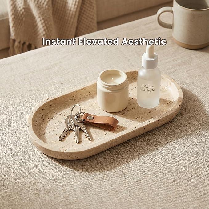 FS NANO 10"x5" Beige Natural Travertine Tray a Decorative and Catchall Organizer for Marble Vanity and Bathroom Countertop for Jewelry Perfume and Candles - ModernBath