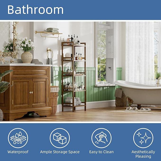HITNET Bamboo Book Shelf, Tall Narrow Bookcase, Bathroom Shelving Unit 5 Tier Floor Standing Adjustable Bookshelf for Small Spaces, Walnut - ModernBath