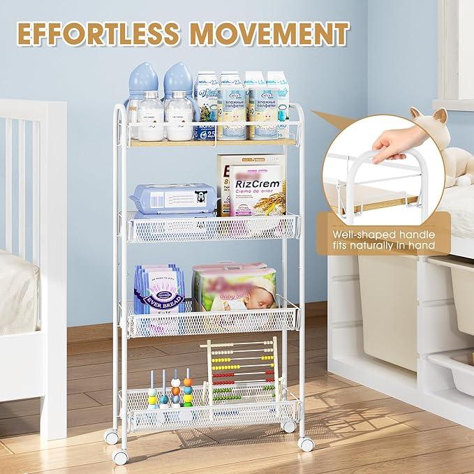 TOOLF 4-Tier Slim Rolling Cart, Metal Utility Cart, Slide Out Storage Cart with Wooden Tabletop and Mesh Baskets for Narrow Space on Kitchen Bathroom Laundry Room Bedroom Apartments Dormitory - ModernBath
