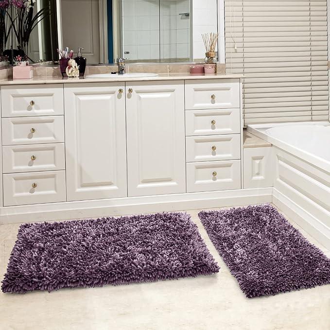 Yimobra Bathroom Rug Set 2 Piece, Luxury Shaggy Bath Mat Set with Non Slip Backing, Ultra Soft & Absorbent Mats for Bathroom Floor, Machine Washable, 44"x24"+24"x17", Dark Purple - ModernBath