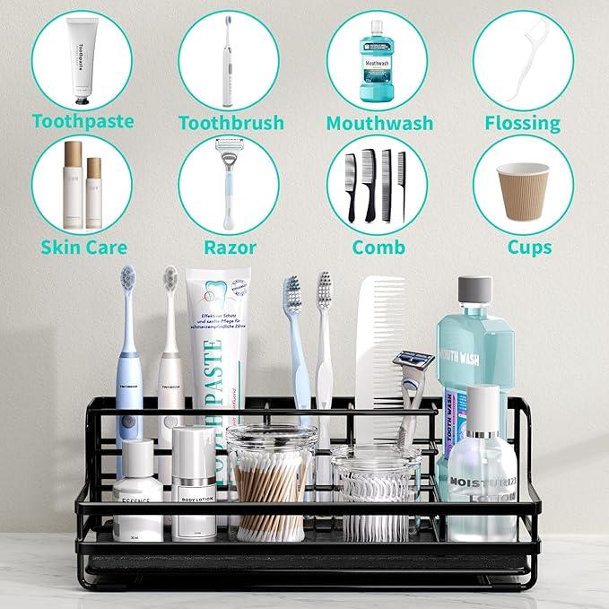 HapiRm Toothbrush Holders for Bathroom - 5 Partitions Bathroom Counter Organizer with Instant Drying Stone, Stainless Steel Countertop Storage Electric Toothbrush Toothpaste Holder - Black - ModernBath