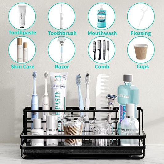 HapiRm Toothbrush Holders for Bathroom - 5 Partitions Bathroom Counter Organizer with Instant Drying Stone, Stainless Steel Countertop Storage Electric Toothbrush Toothpaste Holder - Black - ModernBath