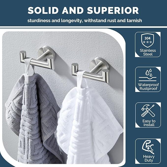 Angle Simple Towel Hook Brushed Nickel 2 PCS, SUS304 Stainless Steel Double Robe Hook, Bathroom Towel Holder, Wall Mount - ModernBath