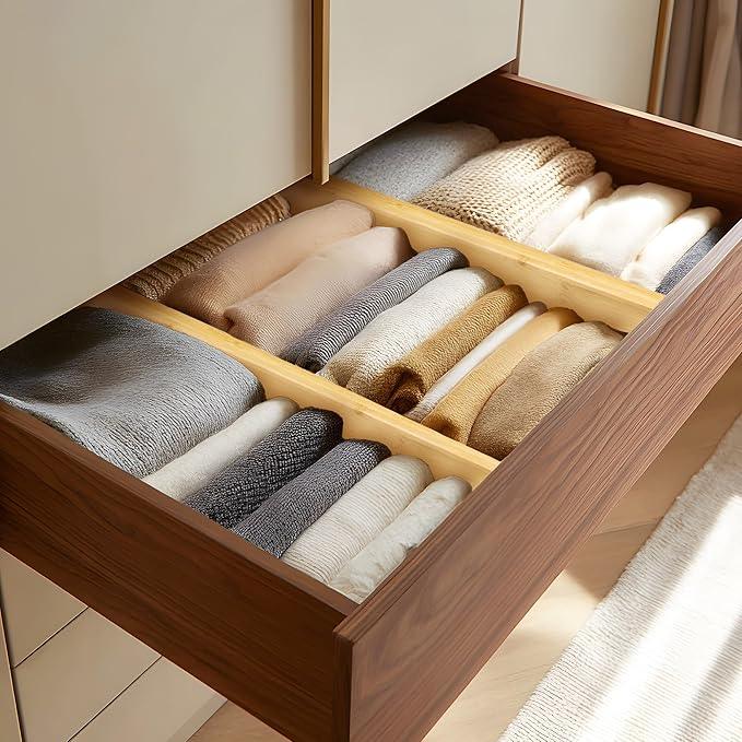 VaeFae 3 Pack Bamboo Drawer Dividers, 4" High Adjustable 16.6" - 21.8" Clothes Drawer Organizers, Expandable Separators for Bedroom/Bathroom/Kitchen/Office Storage - ModernBath