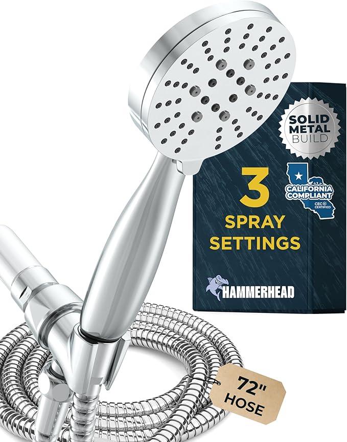 HammerHead Showers® Solid Metal 3-Spray Handheld Shower Head with Long Hose and Holder - CHROME - WIDE, MASSAGE, and MIST Sprays - 1.8 GPM Low Flow Handheld Showerhead - Water Saving Shower Head - ModernBath