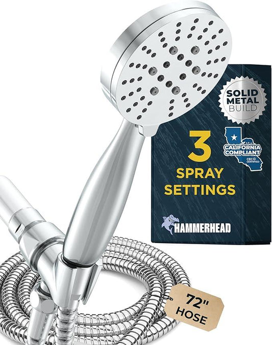 HammerHead Showers® Solid Metal 3-Spray Handheld Shower Head with Long Hose and Holder - CHROME - WIDE, MASSAGE, and MIST Sprays - 1.8 GPM Low Flow Handheld Showerhead - Water Saving Shower Head - ModernBath