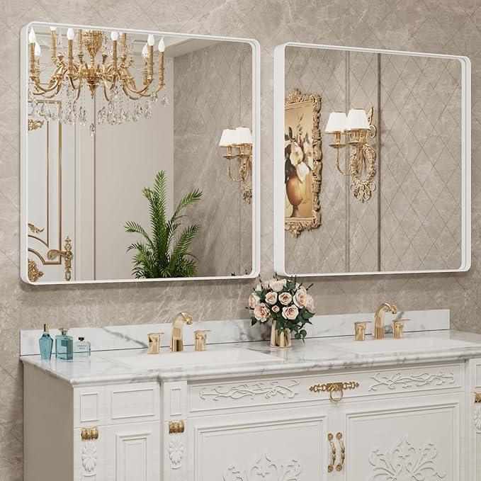 LOAAO 38x38 Inch White Metal Framed Bathroom Mirror for Wall, White Bathroom Vanity Mirror Farmhouse, Large Rounded Rectangle Mirror, Anti-Rust, Tempered Glass, Hangs Horizontally or Vertically - ModernBath