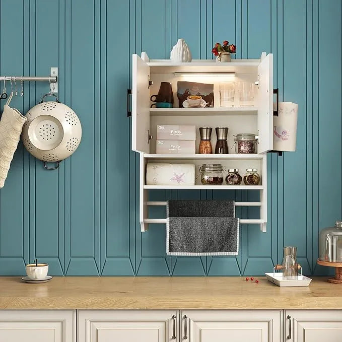 Bathroom Wall Cabinet with Door, Over The Toilet Wood Hanging Medicine Cabinets with DIY Lighting for Laundry Room Kitchen Storage - ModernBath