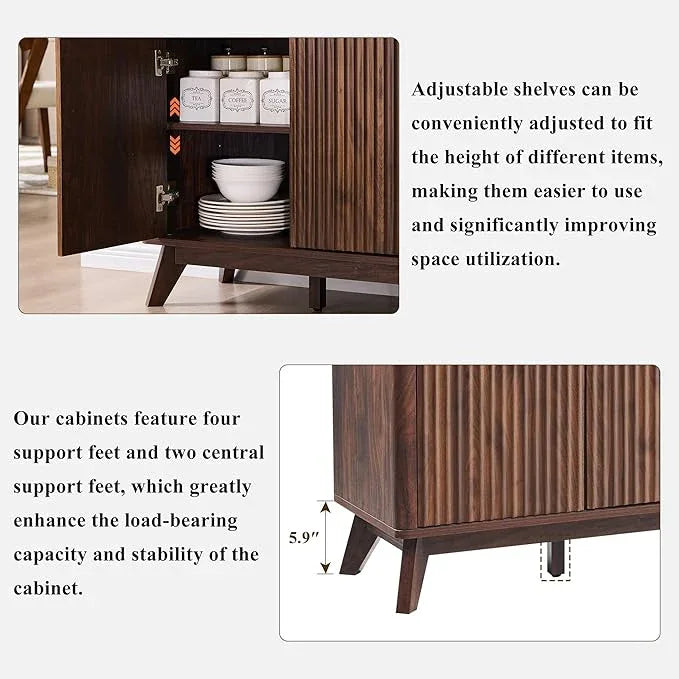 OKD Fluted Storage Cabinet with Drawers, 60" Morden Buffet Sideboard Coffee Bar Cabinet with 4 Doors and 3 Drawers for Dining Room, Living Room,Hallway (Dark Walnut) - ModernBath