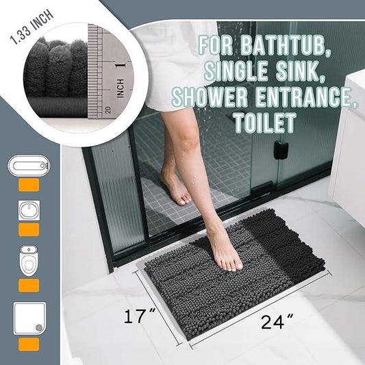 Yimobra Bathroom Rug Mat, Non Slip and Super Absorbent Bath Mat, Machine Washable Quick Dry, Ultra Plush Chenille Shower Rugs for Bathroom Floor Sink Tub and Shower Outside, Dark Gray, 24 x 17 - ModernBath