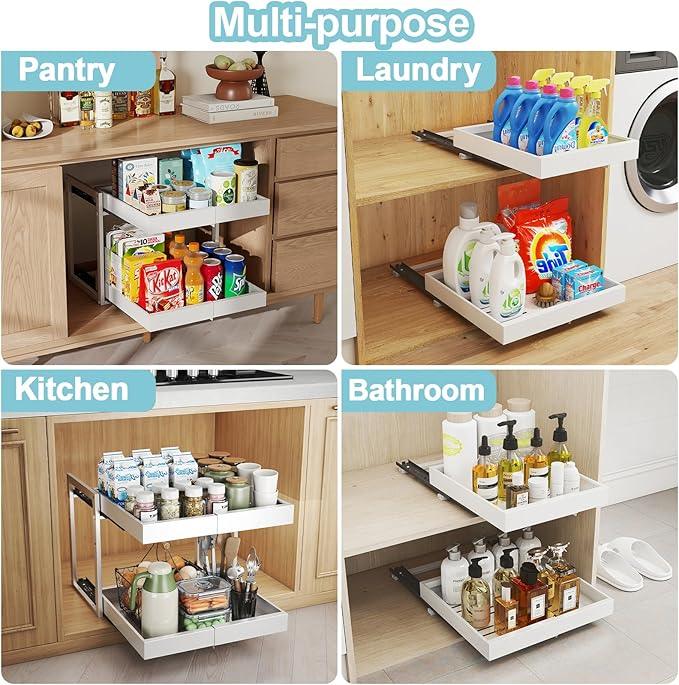 Golener 2-Tier Expandable Pull Out Cabinet Organizer - Slide Out Drawers for Kitchen Cabinets, Bathroom Organizers and Storage, Under Sink Organizer for Kitchen Storage Organization, White Metal Frame - ModernBath
