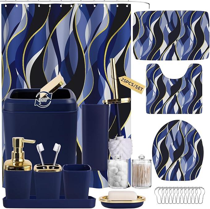 XLHOMO Bathroom Set - Blue and Gold Bathroom Accessories, Bathroom Sets with Shower Curtain and Rugs, Navy Blue Shower Curtain Set with Bathroom Trash Can, Soap Dispenser, Soap Dish for Home Decor - ModernBath
