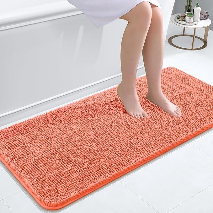 OLANLY Bathroom Rugs 47x20, Extra Soft Absorbent Chenille Bath Rugs, Rubber Backing Quick Dry, Machine Washable Bath Mats for Bathroom Floor, Tub and Shower, Home Decor Accessories, Coral - ModernBath