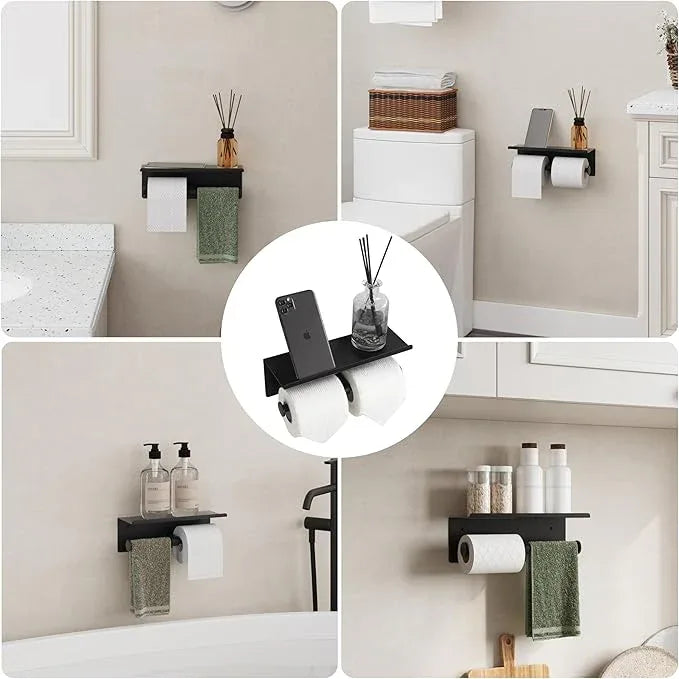Black Toilet Paper Roll Holder with Shelf Wall Mounted for Bathroom (Black, Double Head) - ModernBath