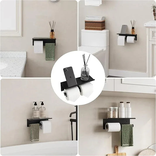 Black Toilet Paper Roll Holder with Shelf Wall Mounted for Bathroom (Black, Double Head) - ModernBath