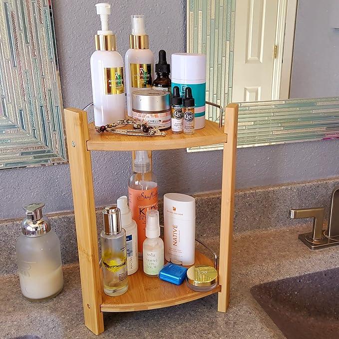 GOBAM Bamboo Shower Corner Caddy, Large - 2 Tier Standing Shower Stand for Shampoo, Conditioner, Lotion, Soap - Caddy Organizer for Kitchen, Bedroom, or Office - ModernBath