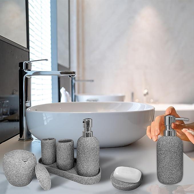 Bathroom Accessory Set, 6PCS Gray Bathroom Accessories - Soap Dish, Lotion Dispenser, Toothbrush Holder, Mouthwash Cup, Tray, Cotton Ball Jar, Aesthetic Decor Bathroom Sets - ModernBath