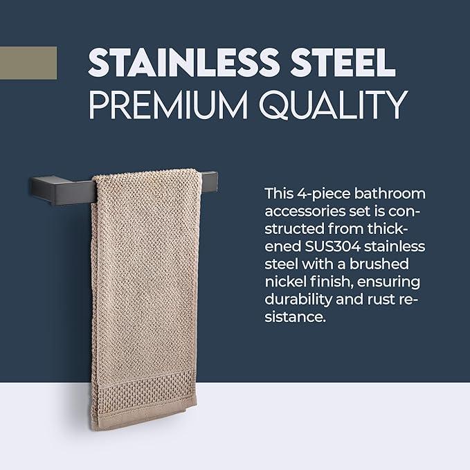 SOFTINOX Bathroom Accessories Set, 4 Piece Matte Black Bathroom Hardware Set, SUS 304 Stainless Steel, Wall Mounted Towel Bar Kit - ModernBath