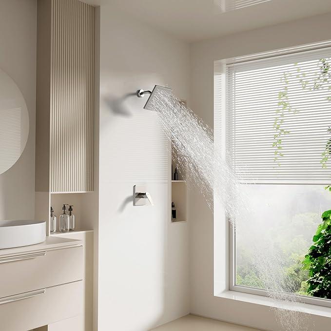 Lavatrum Brush Nickel Premium Shower Head With Valve Set Single Spray Wall Mount 8 Inch Rainfall Square Shower Faucet with Rough-in Valve and Trim Kit for Bathroom - ModernBath