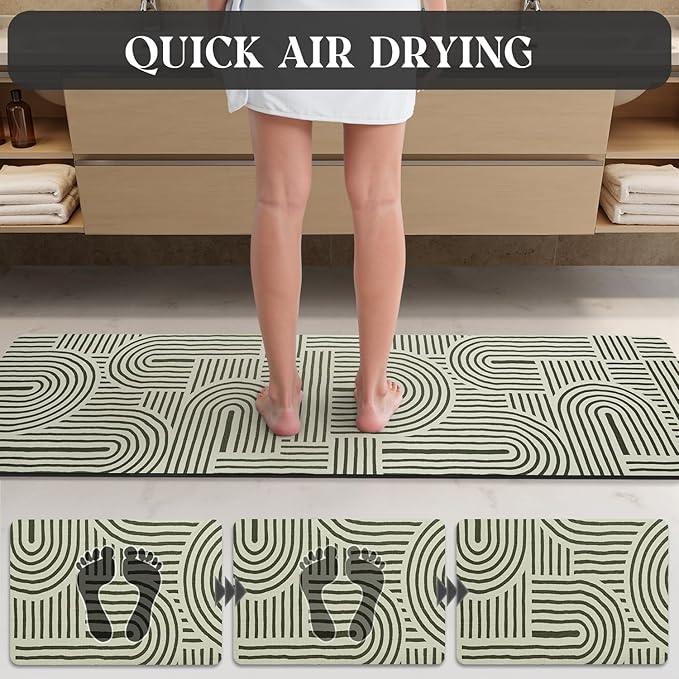 MontVoo -Bath Mat-Non Slip Thin Bathroom Rugs Fit Under Door- Quick Dry Absorbent Faux Suede Surface Grey Bathroom Floor Mats-Shower Rug for in Front of Bathtub Shower Ivory & Green Arched 17x59 - ModernBath