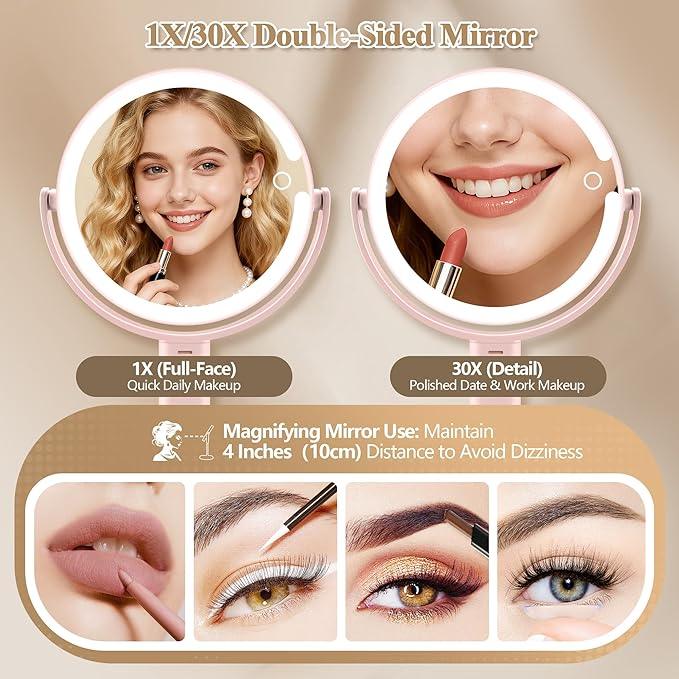 MOMOKUBA Makeup Mirror with Lights, Double Sided 1x/30x Magnifying Mirror with Light, Rechargeable 3 Color Lights and Adjustable Brightness, 360° Rotation Detachable Comes with Tweezer(Pink) - ModernBath