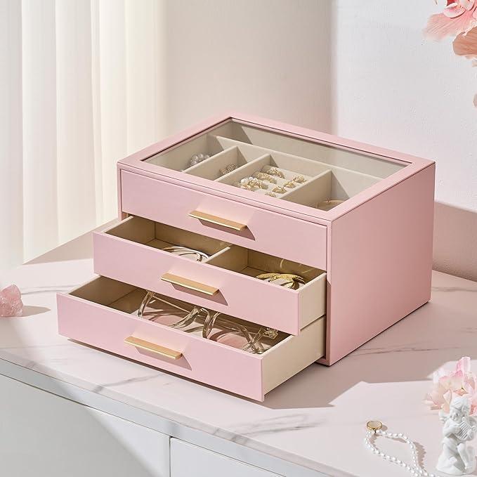 pickpiff Jewelry Box Organizer Case for Women: 3-Layer Jewelry Storage Case with Glass Window, Pink Leather with Velvet Holder for Ring Necklace Bracelet Brooch Watch, Great Gift for Her - ModernBath