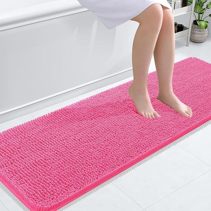 OLANLY Bathroom Rugs 59x20, Extra Soft Absorbent Chenille Bath Rugs, Rubber Backing Quick Dry, Machine Washable Bath Mats for Bathroom Floor, Tub and Shower, Home Decor Accessories, Hot Pink - ModernBath