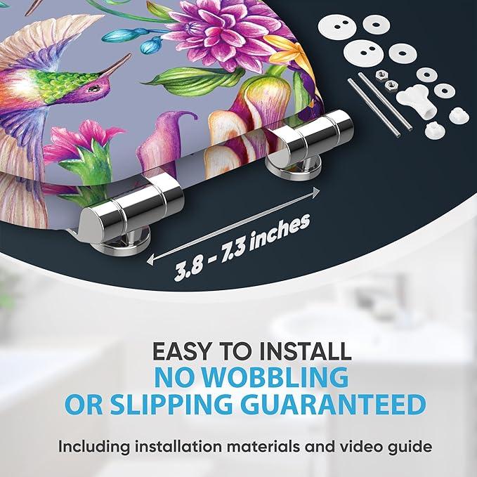 SANILO Wooden Toilet Seat with Soft Close [ELONGATED] - Decorative, Quiet & Slow Close Molded Wood Seat - With Strong Bumpers & Hinges - Adjustable Fit - Hummingbird - ModernBath