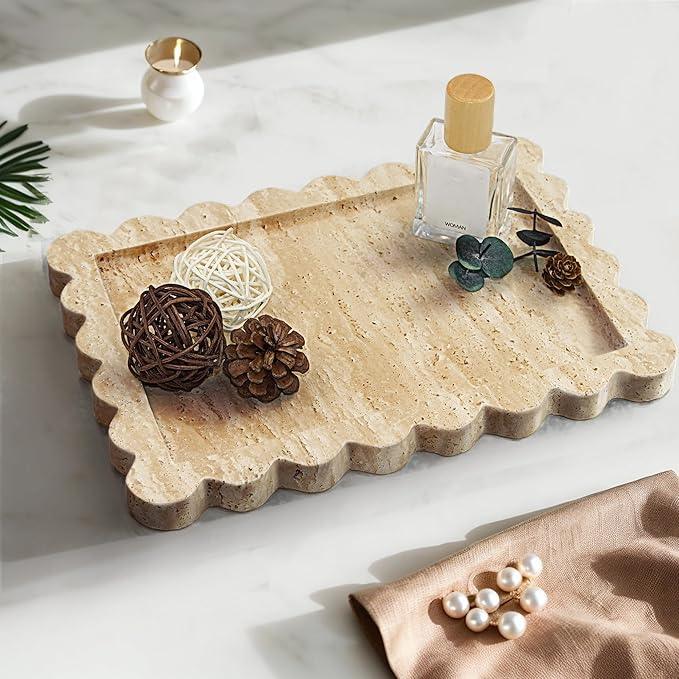 YMXYJM Genuine Travertine Scalloped Marble Tray, Real Natural Marble Stone Trays, Luxury Decorative Trays for Bathroom, Dresser, Vanity, Kitchen, Home Decor, 10.6" x 8", Travertine Beige - ModernBath