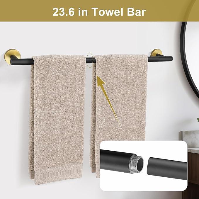 Black and Gold Towel Bar Bathroom Hardware Accessories Set, 10 Pieces Upgraded Round Toilet Paper Holder Towel Rack for Bathroom Wall Mounted, 23.6 Inch Stainless Steel Towel Rods for Bathroom - ModernBath