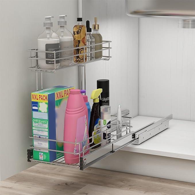 Under Sink Organizer 9" W X17 D, Pull Out Cabinet Organizer 2 Tier, Under Sink Slide Out Chrome Plated, Under Kitchen Bathroom Organizer, Pantry Cabinet Closet Organization Rack, 1 Pack - ModernBath