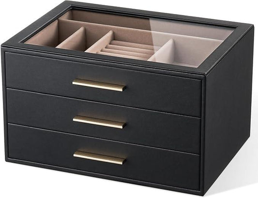 pickpiff Jewelry Box Organizer Case for Women: 3-Layer Jewelry Storage Case with Glass Window, Black Leather with Blush Velvet, Holder for Ring Necklace Bracelet Brooch Watch, Great Gift for Her - ModernBath