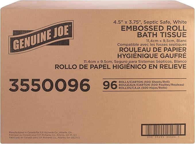 Genuine Joe Embossed Bath Tissue, 2-Ply, Septic Safe, Individually Wrapped, 4.5" x 3.75", 500 Sheets/Roll, 96 Count - ModernBath