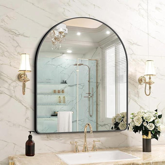 FORBATH Arched Bathroom Mirror 30x36 Inch, Bathroom Mirror Wall Mounted Modern Black Aluminum Frame Decor Dresser Mirror for Bedroom Living Room Entryway, Hanging or Leaning Against Wall - ModernBath