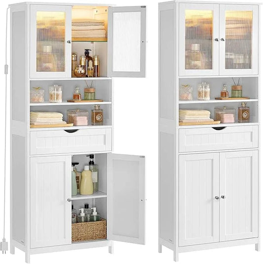 VASAGLE Storage Cabinet with LED Lights, Freestanding Storage Unit with Adjustable Shelves, Drawer, Open Compartments, for Bathroom, Living Room, Kitchen, Cloud White UBBC767WH01S - ModernBath