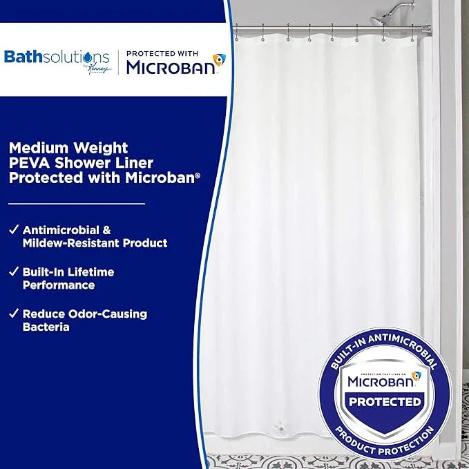 Kenney MB61161 Microban Protected Medium Weight 4.8 Gauge Waterproof PEVA Shower Curtain Liner with Rust-Resistant Metal Grommets and Weighted Magnetic Hem for Bathroom, 70" W x 72" H, White, 1-Pack - ModernBath