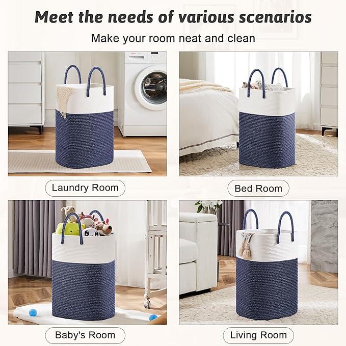 Laundry Basket,Woven Cotton Rope Laundry Hamper,Versatile Storage for Dirty Clothes,Baby Toys,and Blankets in Bathroom, Nursery,and Living Room (Blue, 40L) - ModernBath