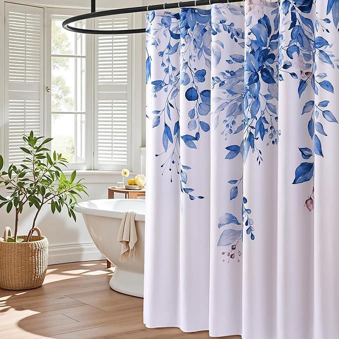 BOODII Blue Plant Watercolor Shower Curtains 72 inches Long Floral Leaf Shower Curtain for Bathroom Botanical Leaves Hunter Blue Eucalyptus Curtain Jungle Bathroom Decor 72x72 - ModernBath