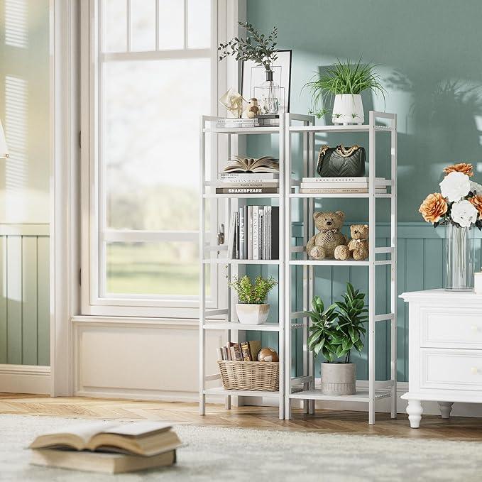 HITNET 5 Tier Bamboo Shelf, Tall Narrow Bookcase, Freestanding Bathroom Storage Unit with Adjustable Shelves, Modern Display Standing Bookshelf for Living Room, Bedroom, Home Office, White - ModernBath