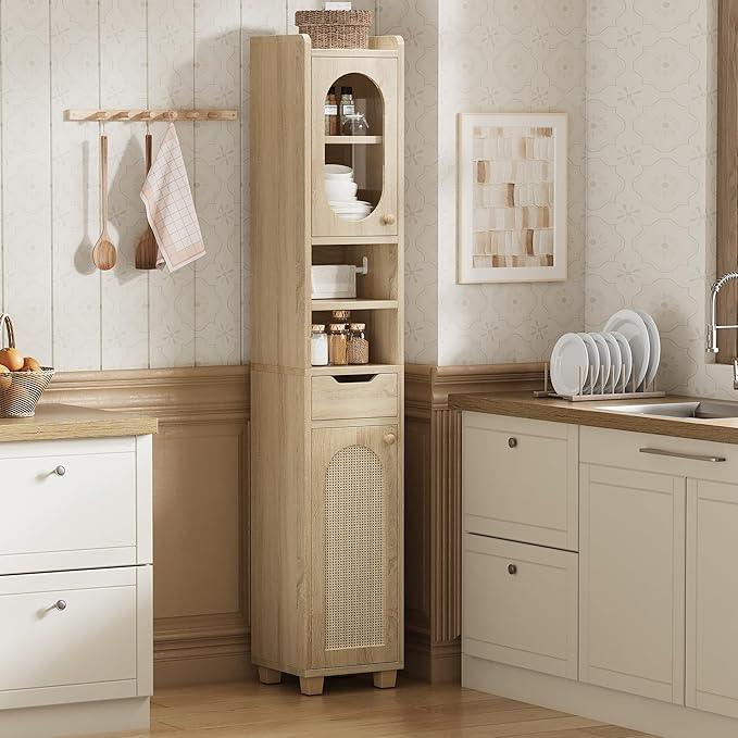 LIKIMIO 69" H Tall Bathroom Storage Cabinet with 2 Doors & 1 Drawer, Narrow Adjustable Shelves & Pull-Out Tissue Holder, Slim Freestanding Cabinet for Small Spaces, Kitchen, Entryway, Rustic White - ModernBath