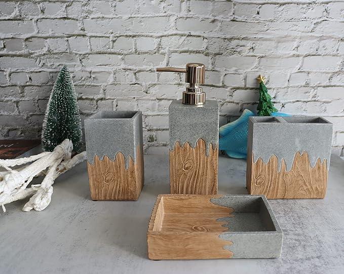 Hymmah Bathroom Accessories Set,Wooden Design Toothbrush Holder,Farmhouse Bathroom Decor,4 Pcs Resin Gift Set Apartment Necessities, Contain Toothbrush Cup,Soap Dispenser,Soap Dish,Tumbler - ModernBath