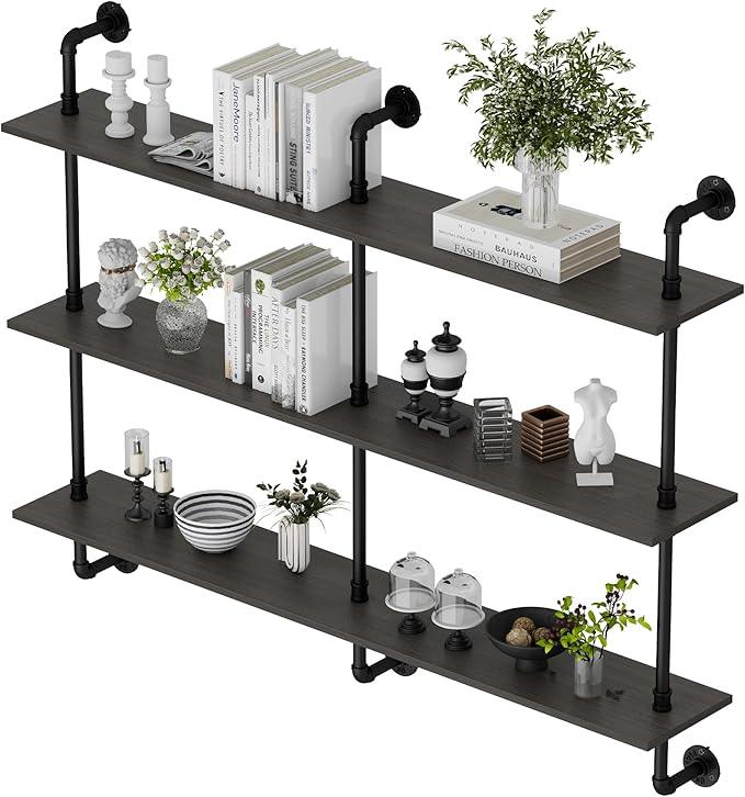3-Tier Industrial Pipe Floating Shelf – Rustic 60 inch Wood Wall-Mounted Storage Shelf for Kitchen Office,Bathroom & Home Decor -Black - ModernBath