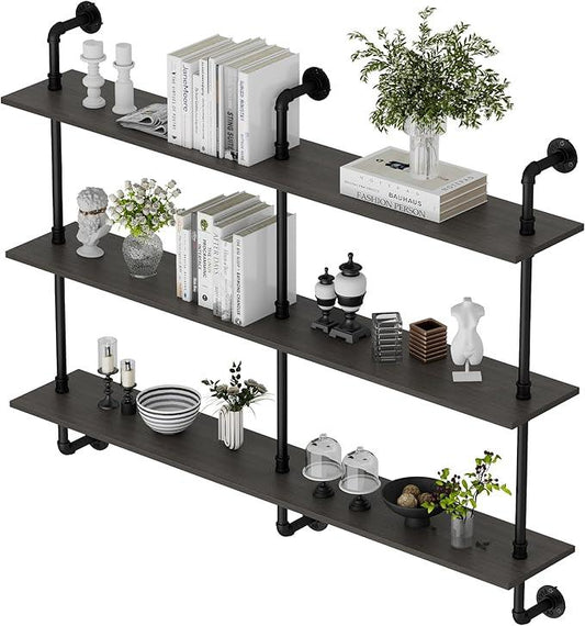3-Tier Industrial Pipe Floating Shelf – Rustic 60 inch Wood Wall-Mounted Storage Shelf for Kitchen Office,Bathroom & Home Decor -Black - ModernBath