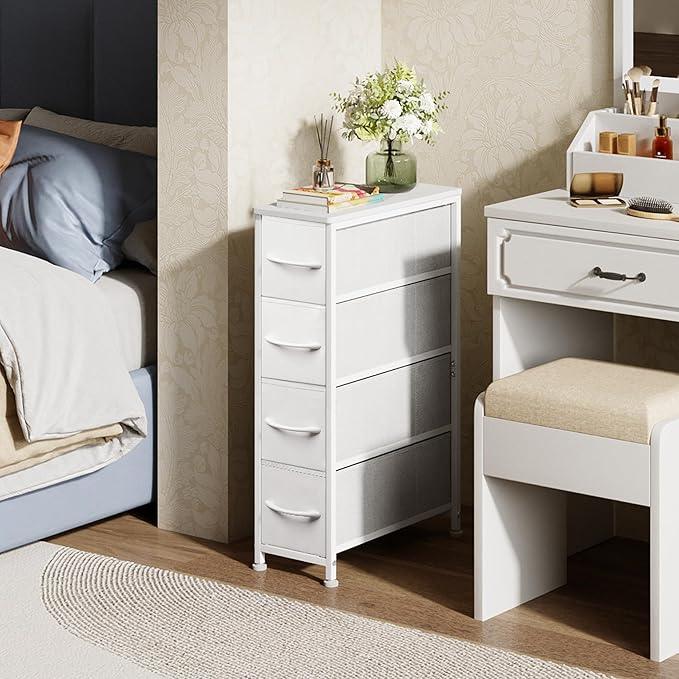Narrow Dresser Storage Tower with 4 Drawers, Slim Dresser Chest of Drawers with Steel Frame, Wood Top, Dresser for Bedroom, Bathroom, Small Spaces, Laundry, Closet (White) - ModernBath