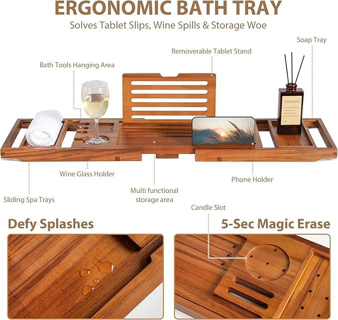 Realgulf Teak Bathtub Tray | Adjustable Width Tray with Wine Holder, Tablet/Phone & Book Stand, Splash-Proof for Bath Time- Natural - ModernBath