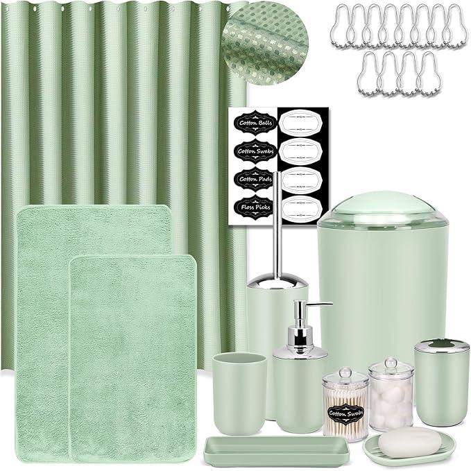 IMAVO Green Bathroom Accessories,Non Slip Super Absorbent Rugs and Waterproof Shower Curtain with Hooks,Complete Bathroom Set for Bathroom Décor - ModernBath