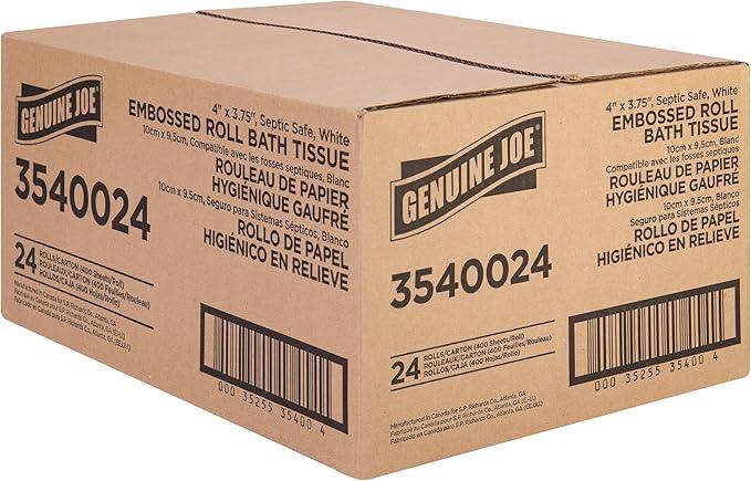 Genuine Joe Embossed Bath Tissue, 2-Ply, Septic Safe, Individually Wrapped, 4" x 3.75", 400 Sheets/Roll, 24 Count - ModernBath